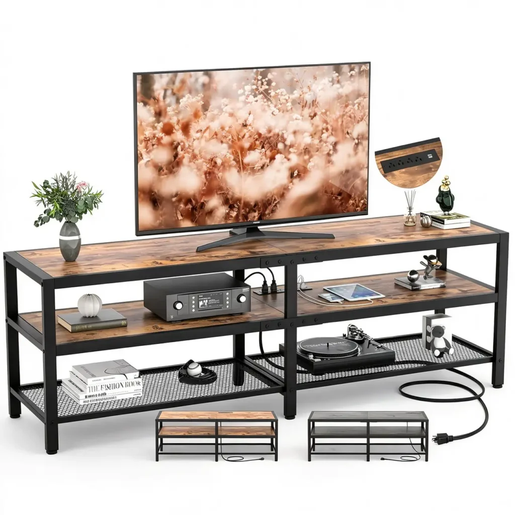 Industrial 3-tier TV stand with built-in power strip and reversible wood panels, heavy-duty metal frame media console table