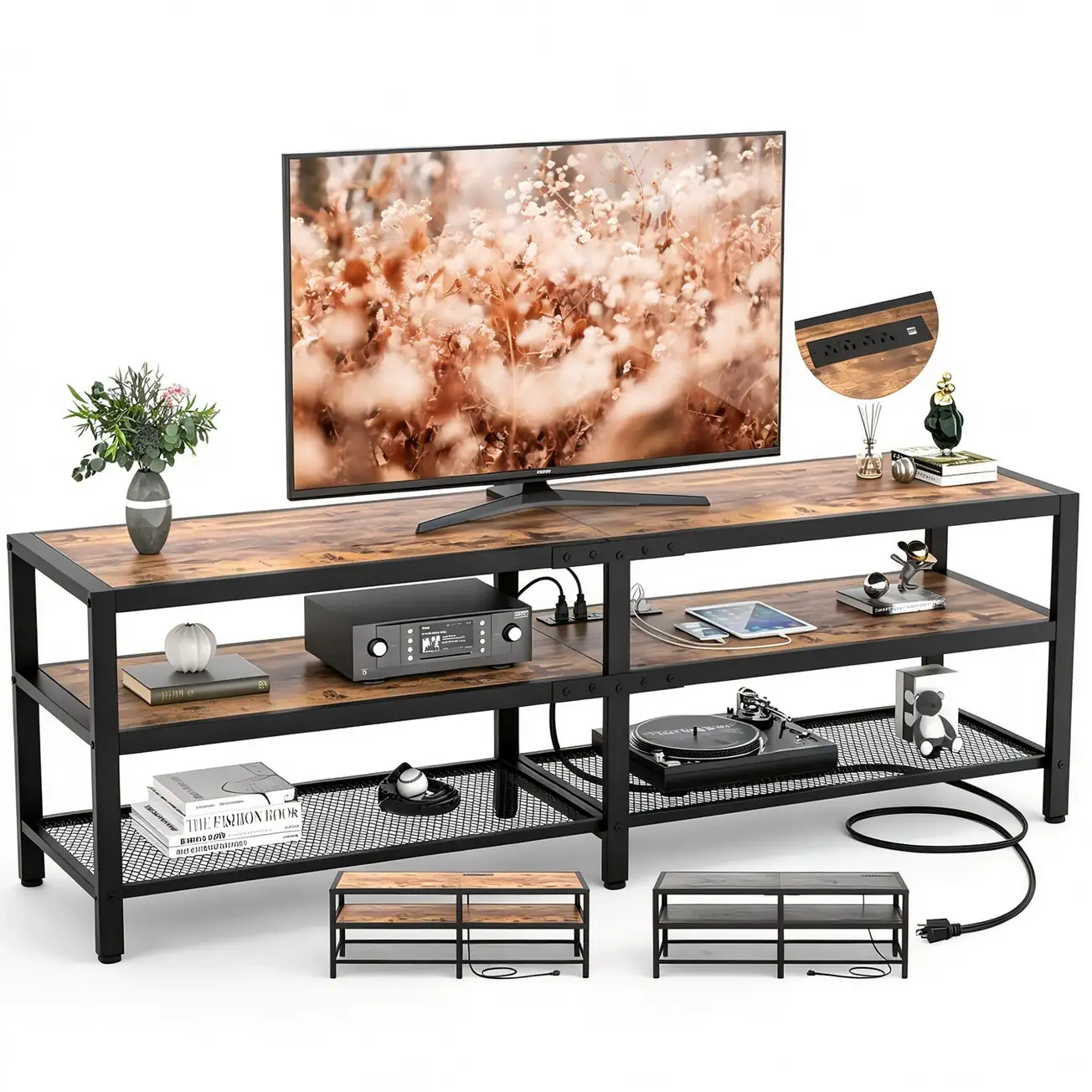 Industrial 3 Tier TV Stand with Built In Power Strip Industrial 3-tier TV stand with built-in power strip and reversible wood panels, heavy-duty metal frame media console table