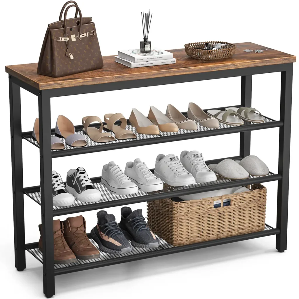 Industrial 4 tier shoe rack organizer with rustic brown wood top and heavy duty black metal frame