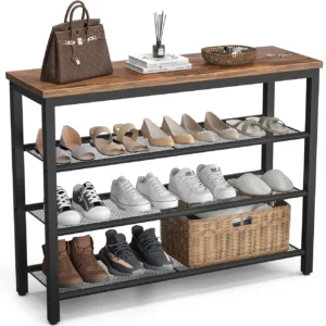 Industrial 4 tier shoe rack organizer with rustic brown wood top and heavy duty black metal frame