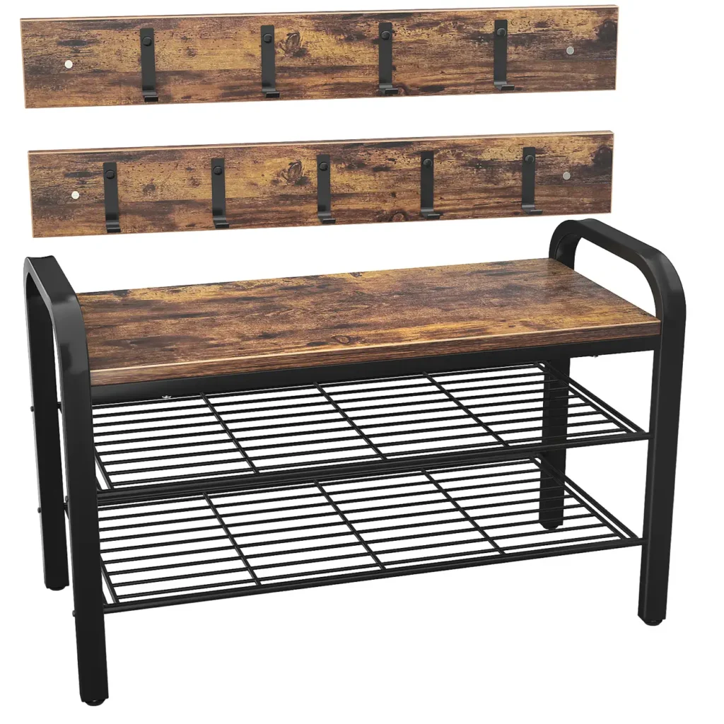industrial coat rack shoe bench set rustic brown