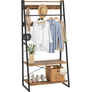 Industrial hall tree entryway furniture featuring rustic brown wooden coat rack with hooks and hanging rod above 3-tier shoe storage shelves