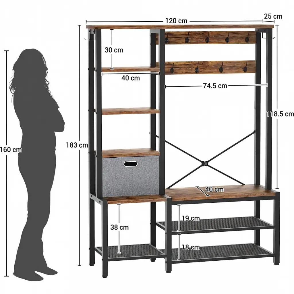 Industrial Hall Tree Dimensions & Size Guide Detailed dimensions of the industrial hall tree showing total height of 72 inches and width of 47.2 inches, with a 63-inch human silhouette for scale comparison.