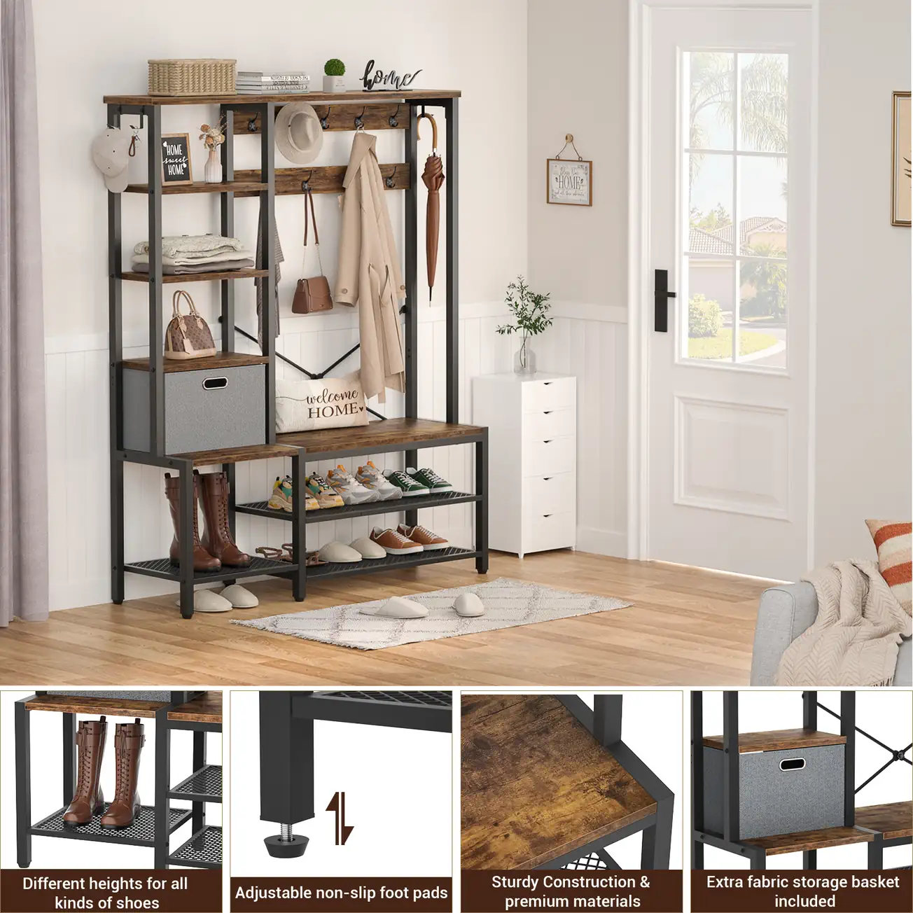Industrial Hall Tree Features & Entryway Lifestyle Industrial rustic brown hall tree in a bright entryway setting with details showing shoe storage heights, adjustable foot pads, sturdy construction, and fabric basket.