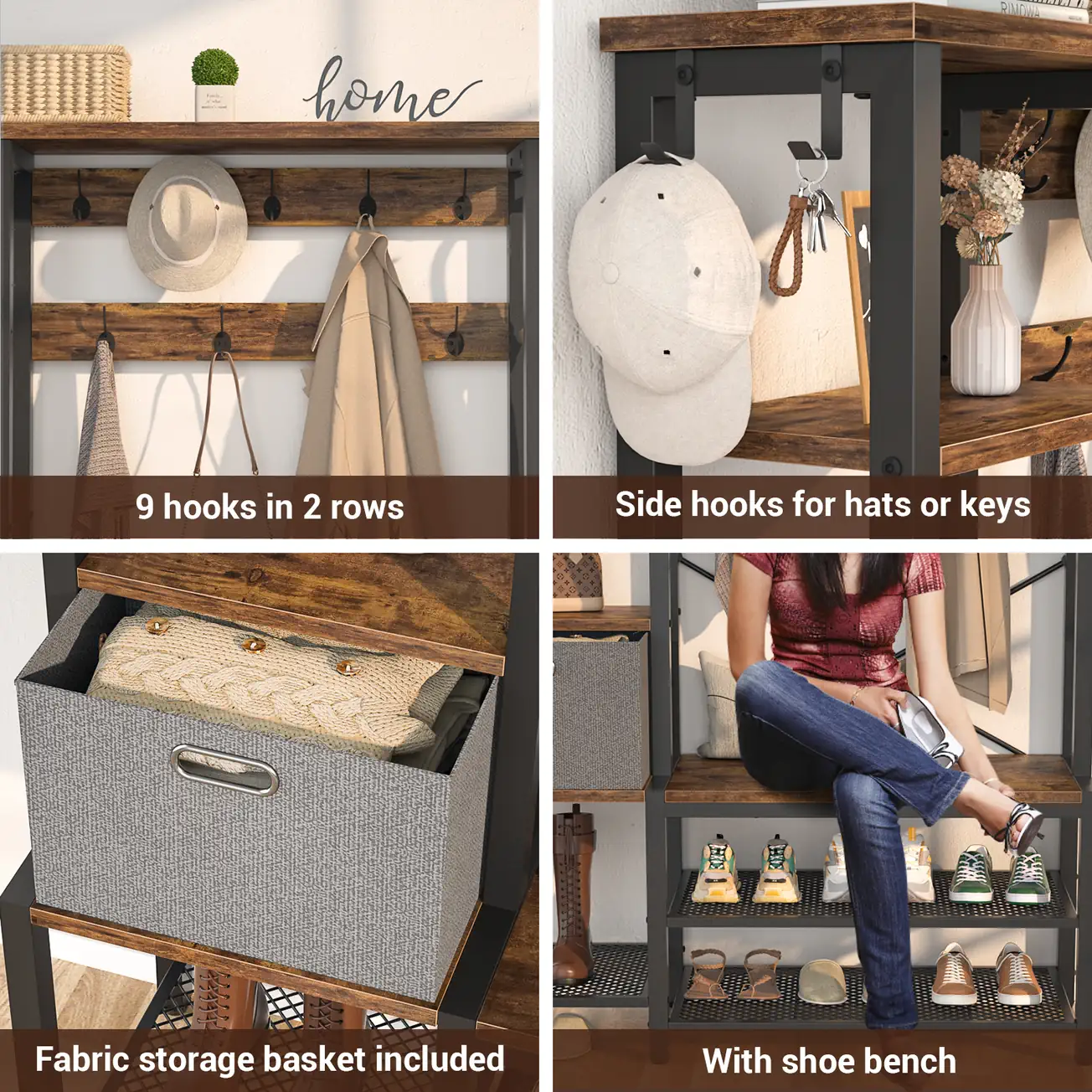 Industrial Coat Rack & Shoe Bench Key Features Close-up details of an industrial hall tree showing 9 coat hooks in 2 rows, side hooks for keys, a removable fabric storage basket, and a person sitting on the entryway shoe bench.