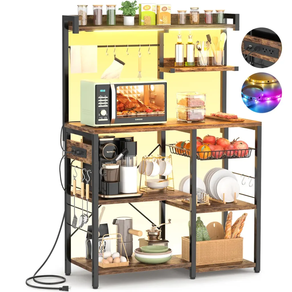 Industrial kitchen bakers rack featuring rustic brown shelves, black steel frame, and integrated detail circles showcasing the built-in power strip outlets and multi-color RGB LED lighting strips