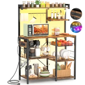 Industrial kitchen bakers rack featuring rustic brown shelves, black steel frame, and integrated detail circles showcasing the built-in power strip outlets and multi-color RGB LED lighting strips