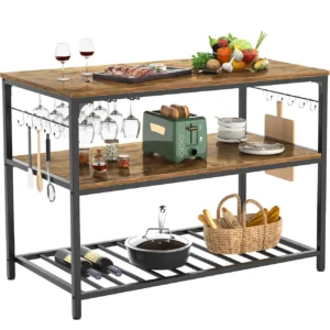 Industrial 3 tier rustic brown kitchen island with wine glass holder and steel frame