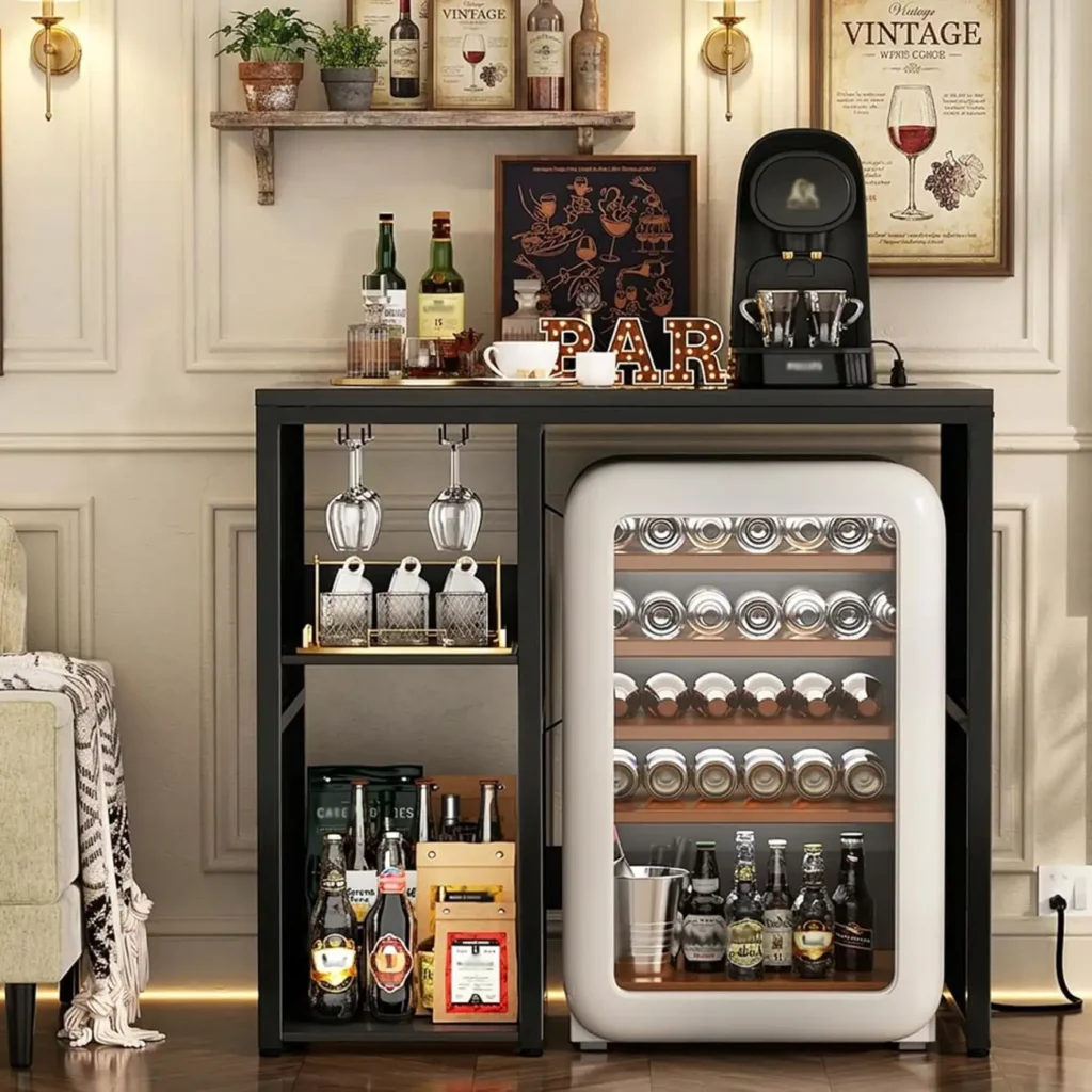 An industrial black metal mini fridge cabinet styled as a home bar coffee station next to a sofa, featuring an integrated stemware rack, liquor bottle storage, and a white retro compact refrigerator.