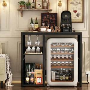 An industrial black metal mini fridge cabinet styled as a home bar coffee station next to a sofa, featuring an integrated stemware rack, liquor bottle storage, and a white retro compact refrigerator.