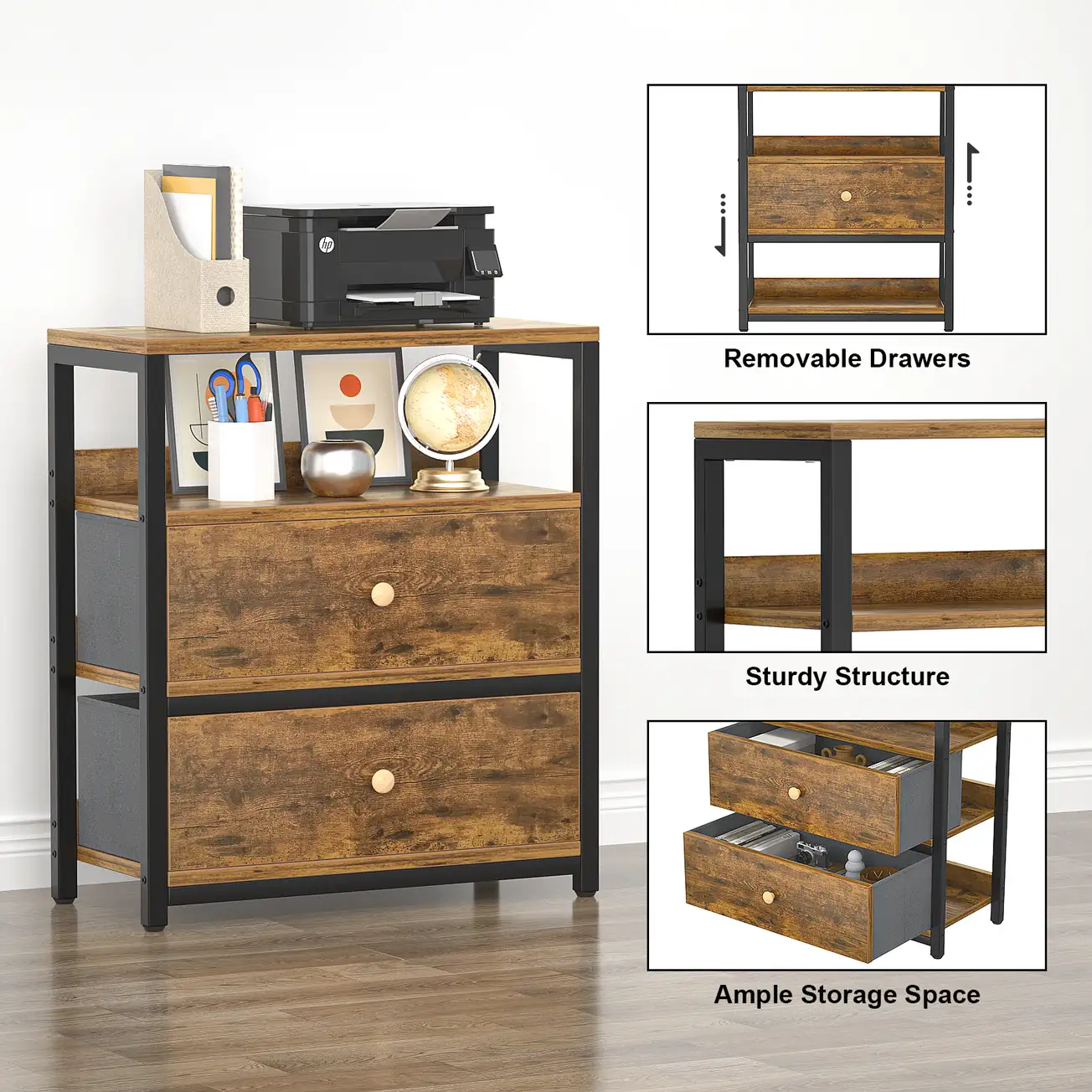 Rustic Wood Side Cabinet Technical Features & Specifications Industrial printer stand with removable fabric drawers and sturdy iron structure for e-commerce brands and office projects