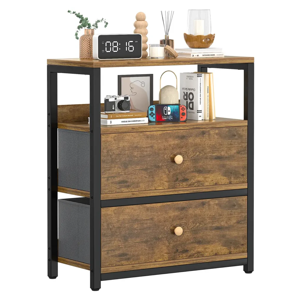 Industrial rustic wood nightstand with 2 drawers and open storage shelf, bedroom bedside table for e-commerce brands and commercial sourcing