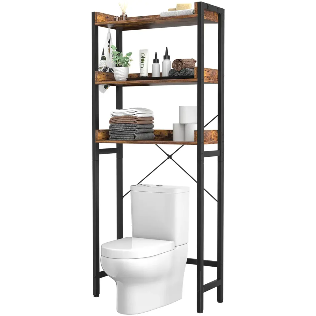 Industrial 3-tier over-the-toilet storage rack featuring rustic brown engineered wood panels, matte black steel frame, rear X-brace reinforcement, and bathroom storage essentials