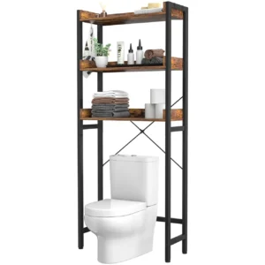 Industrial 3-tier over-the-toilet storage rack featuring rustic brown engineered wood panels, matte black steel frame, rear X-brace reinforcement, and bathroom storage essentials