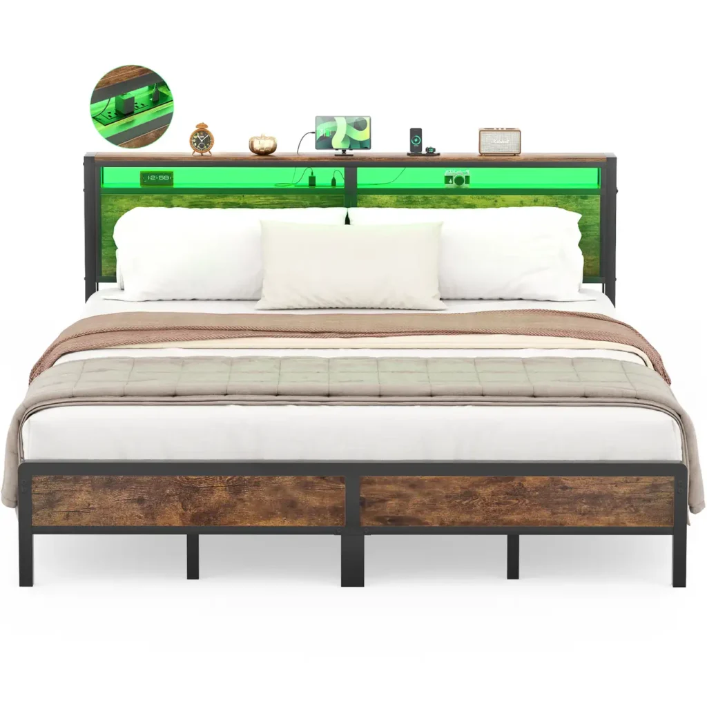 Front view of an industrial metal platform bed frame with rustic brown wood panels, a storage headboard with green LED lighting, and a power outlet strip detail