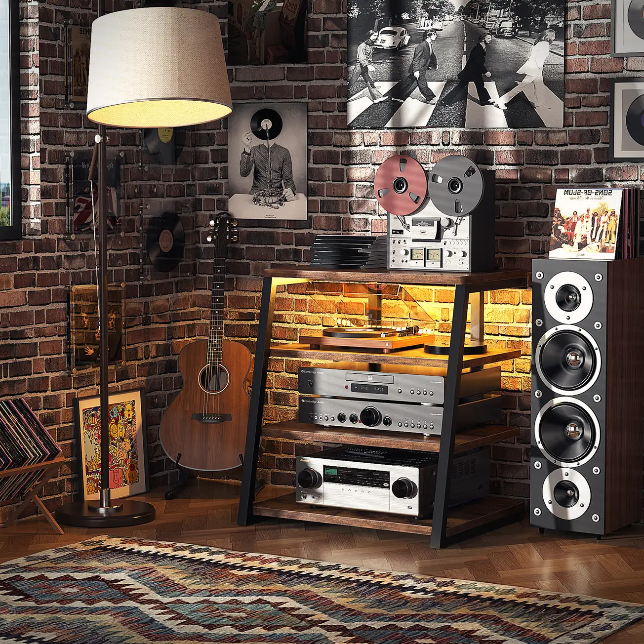 Industrial 4-Tier Audio Rack & Stereo Stand for Vintage Living Room Decor Industrial style music room featuring a 4-tier rustic brown wooden AV media stand with warm LED lights, surrounded by a brick wall, vintage posters, a guitar, a floor lamp, and a large speaker.