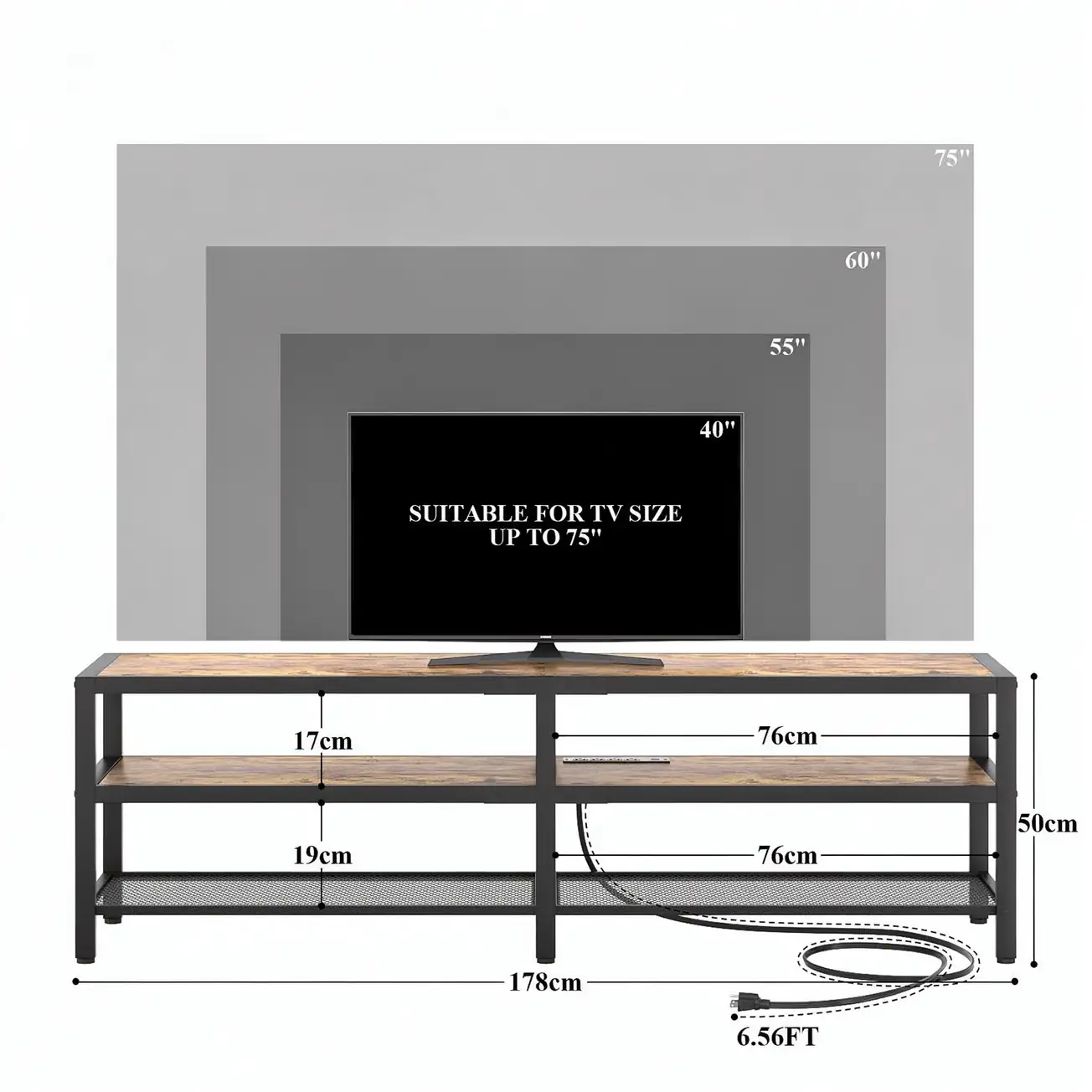 Industrial TV Stand 70 Inch Dimensions Size Guide Industrial TV stand 70 inch detailed dimension chart showing clearance height and suitability for TVs up to 75 inches