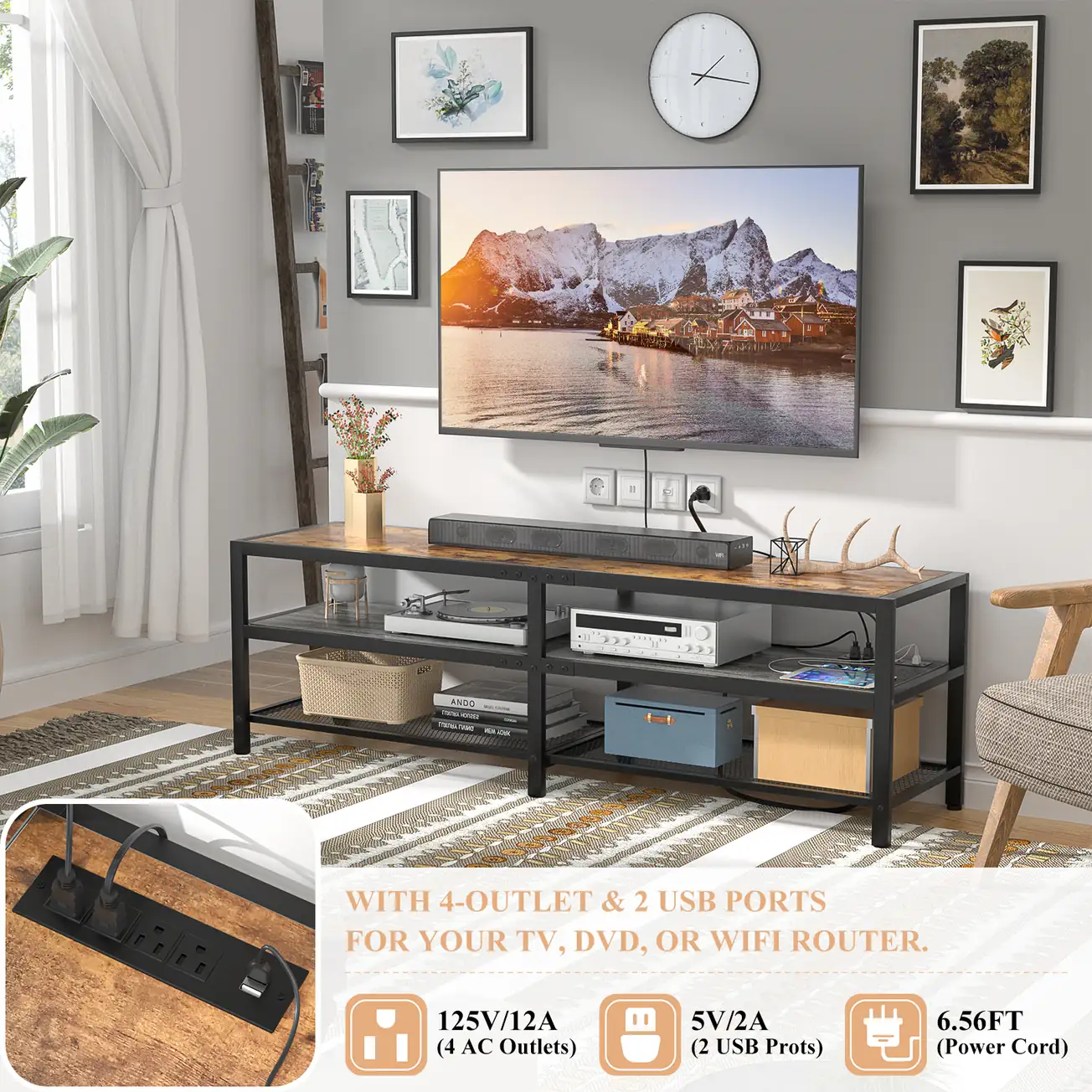 Industrial TV Stand with 2 AC Outlets and 2 USB Ports Industrial TV stand with built-in power strip charging station, featuring 4 AC outlets 125V 12A, 2 USB ports, and a 6.56ft power cord.