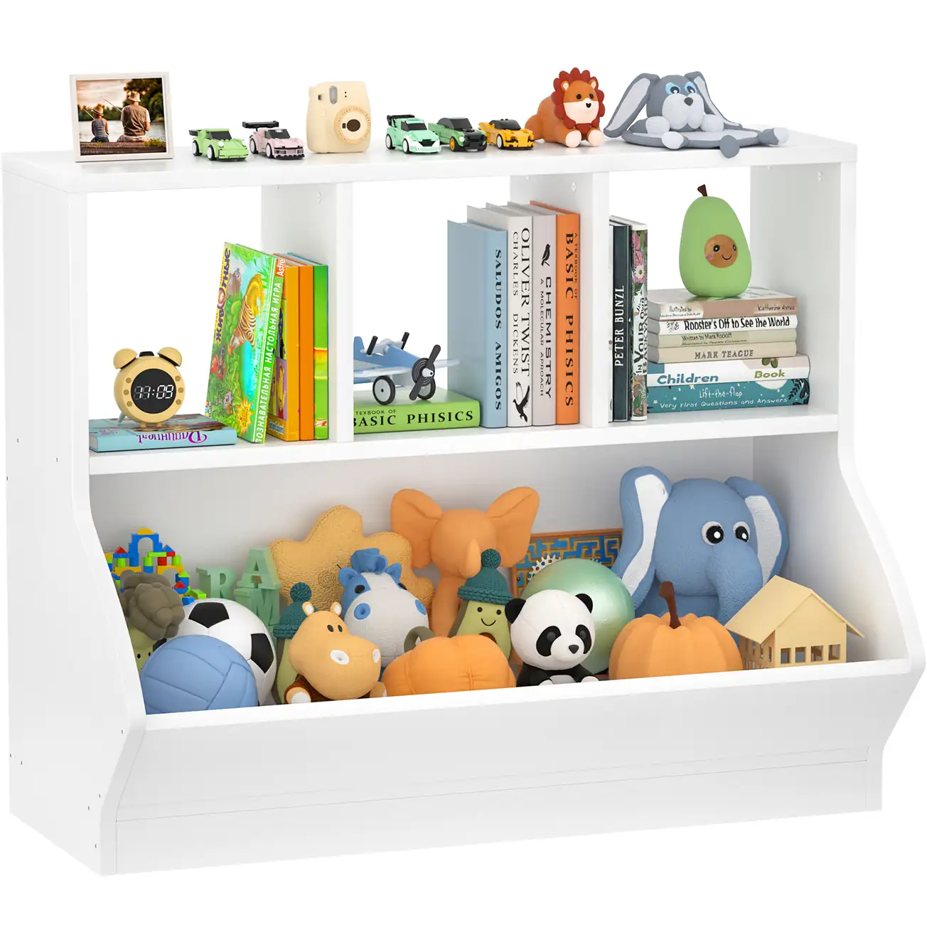 Kids Toy Storage Organizer Bookcase White Wooden Kids Toy Storage Organizer with Bookcase in White Finish, Multi-Cubby Childrens Bookshelf with Open Toy Bin