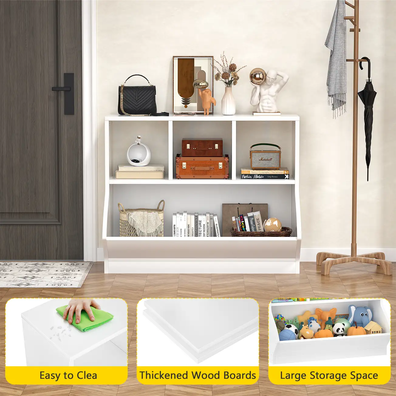 Kids Toy Storage Organizer White Lifestyle Details Kids Toy Storage Organizer in White Entryway Lifestyle Scene, Thickened Wood Boards and Easy to Clean Detail