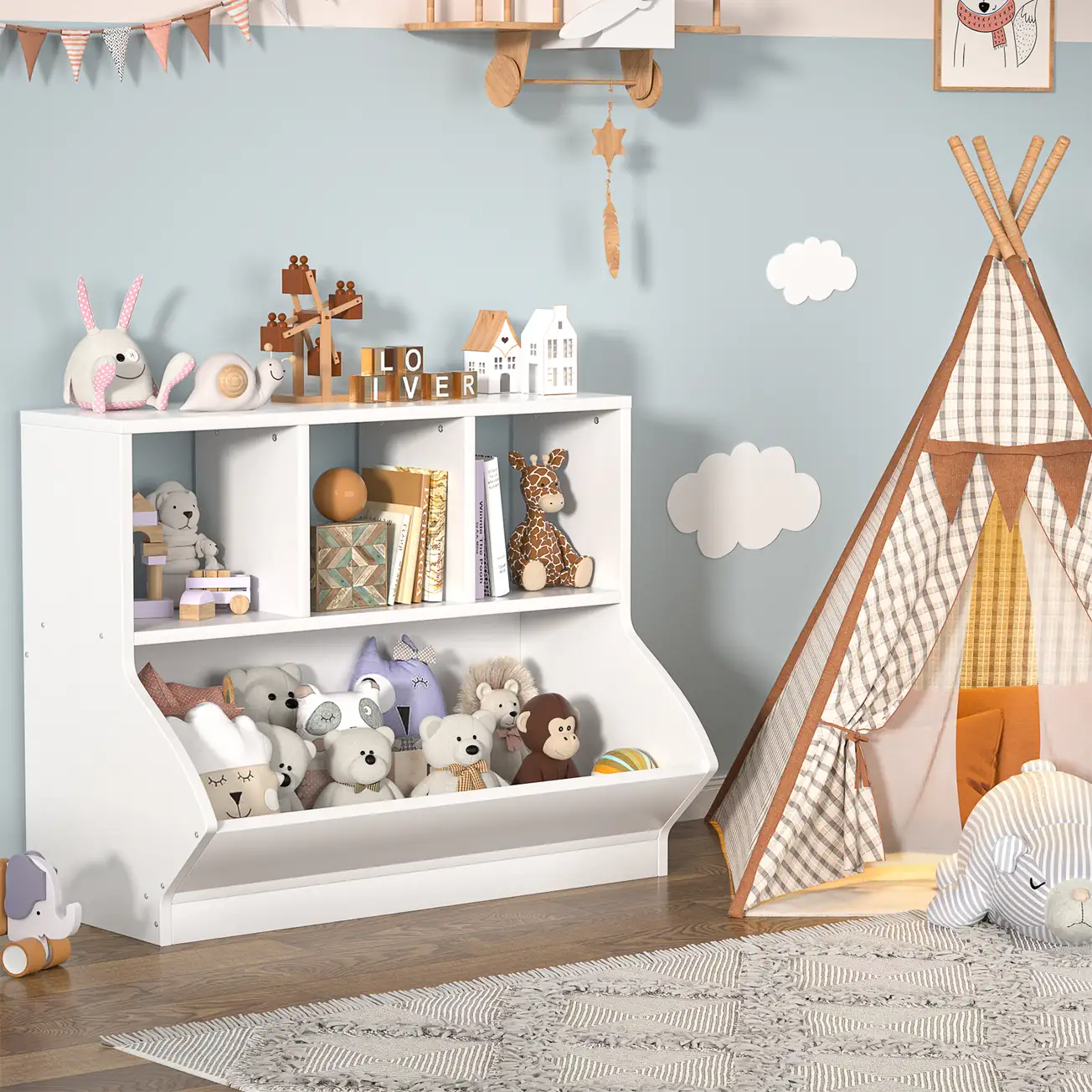 Kids Toy Storage Organizer White Playroom Lifestyle Kids Toy Storage Organizer in White Children Playroom Lifestyle Scene, Modern Nursery Bookshelf with Open Toy Storage Bin