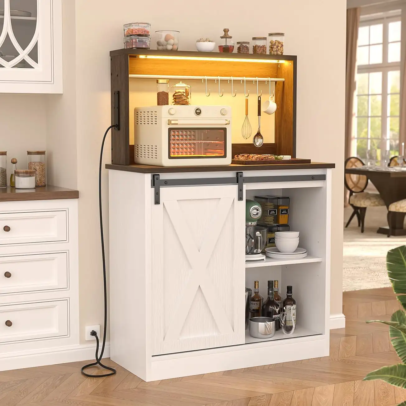 Kitchen Buffet Sideboard with Microwave Shelf White White farmhouse kitchen buffet sideboard with microwave shelf and hutch, rustic coffee bar cabinet setup in a modern dining room scene.