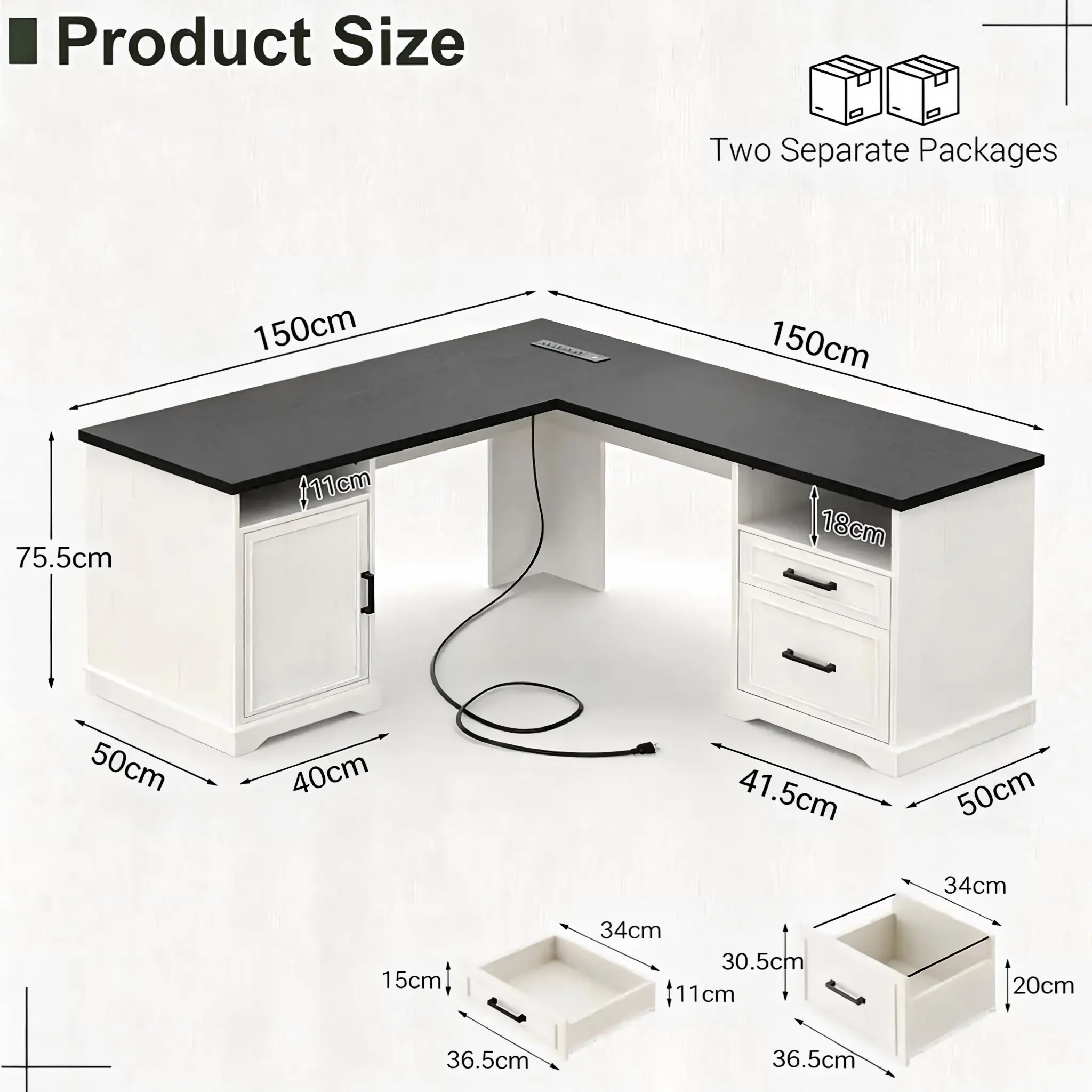 L-Shaped Computer Desk Overall Dimensions, Drawer Sizes, and Dual-Package Packaging Diagram Product dimensions and multi-package chart for the L-shaped computer desk, illustrating overall frame size, depth segments, individual storage cabinet measurements, internal drawer heights, and the dual-carton parcel shipping configuration in imperial and metric units