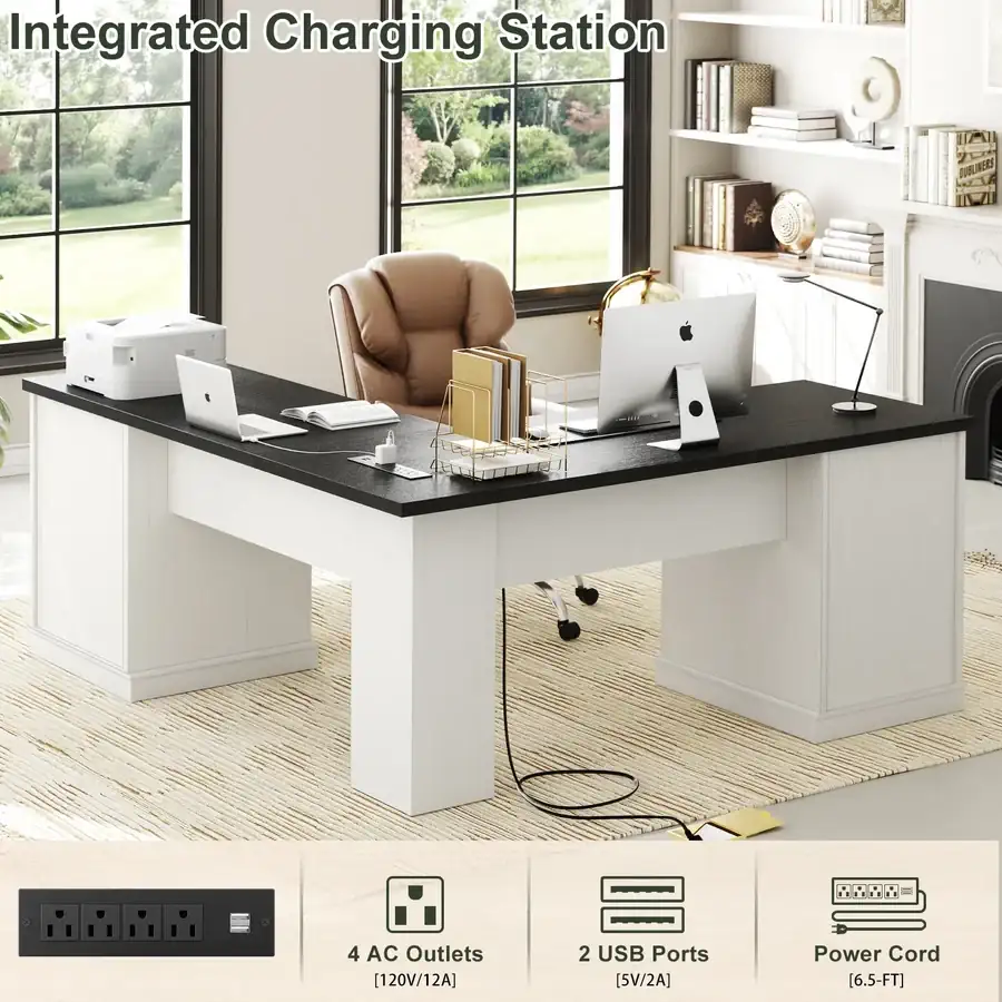 L-Shaped Computer Desk Integrated Tabletop Charging Outlets and USB Ports Infographic showing an L-shaped computer desk with an integrated tabletop power hub featuring 4 AC outlets and 2 USB ports powering multiple devices in a home office setup