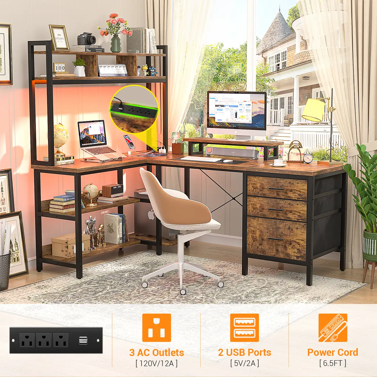L-Shaped Desk with Charging Station - Comfuri L-shaped computer desk with charging station featuring 3 AC outlets and 2 USB ports by Comfuri
