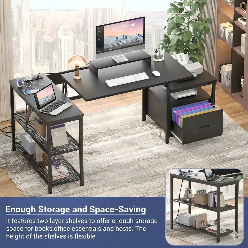 L-Shaped Desk with Ample Storage Shelves and File Drawer L-shaped computer desk with 2-tier open storage shelves, file drawer for A4 letter folders, and spacious tabletop for home office setup