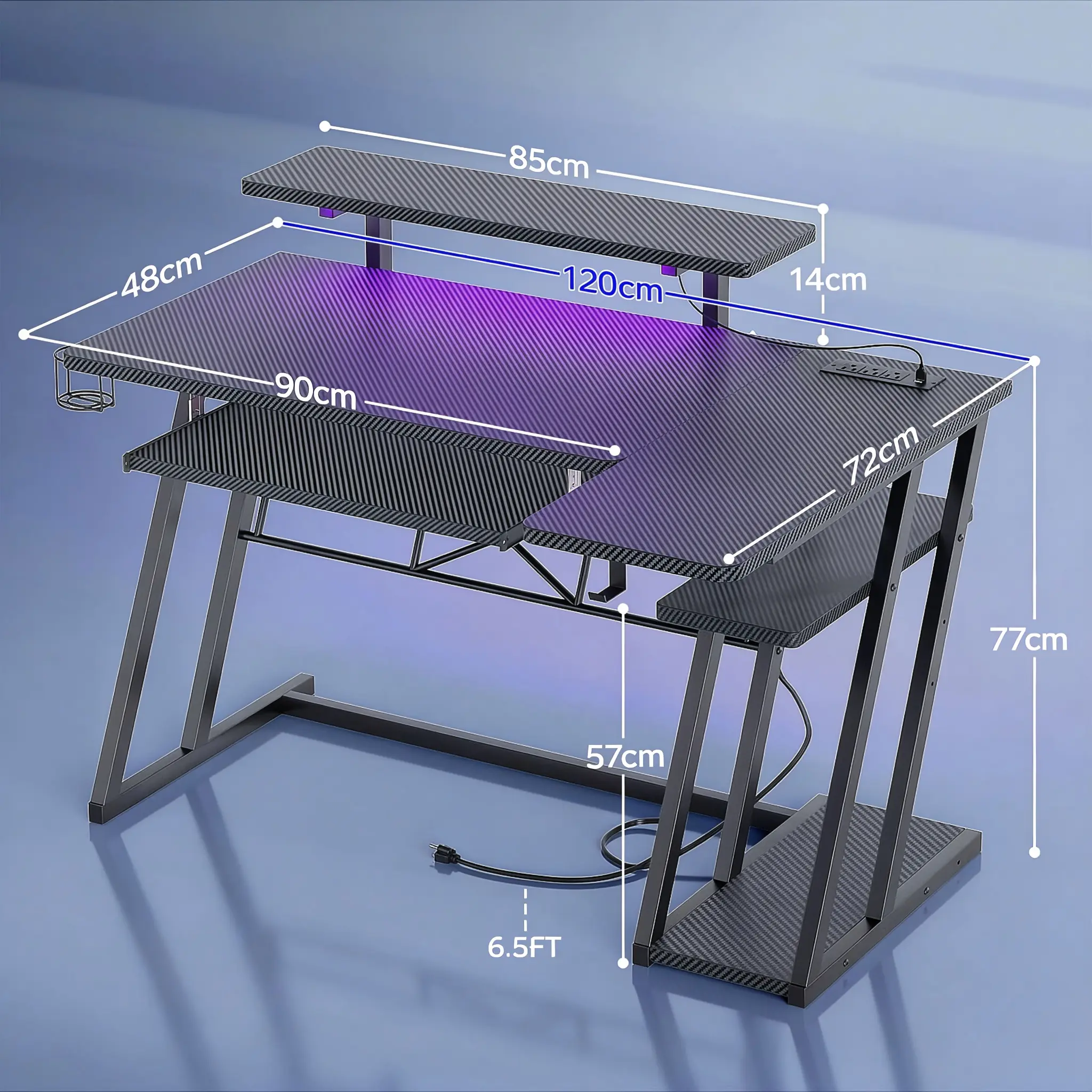 L-Shaped-Gaming-Desk-Dimensions-And-Size-Chart Detailed dimensions and size chart diagram for reversible L-shaped corner gaming desk with monitor stand