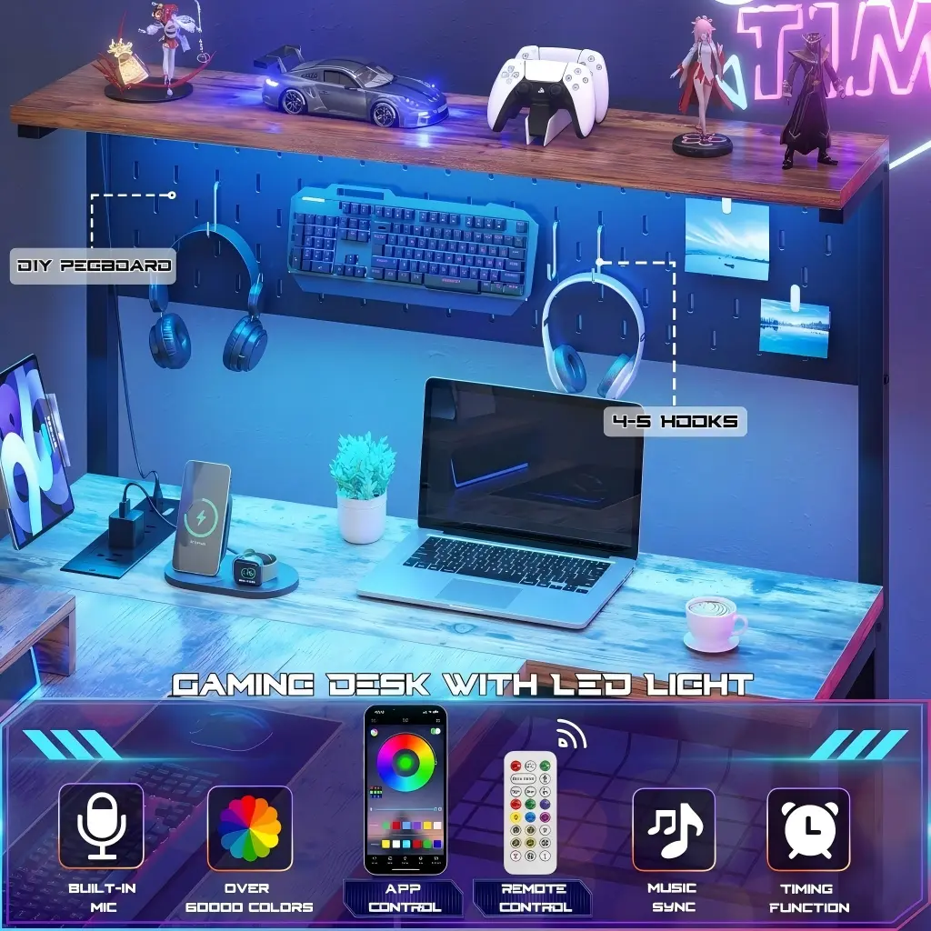 L-Shaped Gaming Desk with LED Lights & Pegboard L shaped gaming desk with RGB LED lights and DIY pegboard, corner computer desk with smart light control