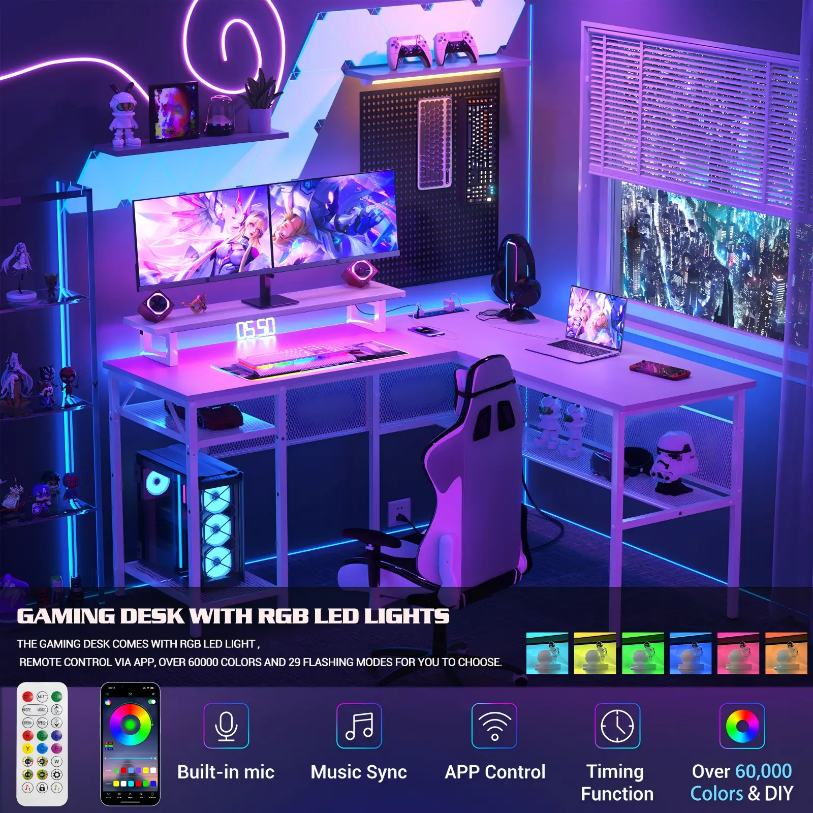 Smart RGB LED Control System - Infographic l shaped gaming desk with music sync rgb led lights and smart app control features
