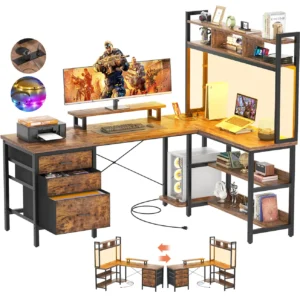 Rustic L-shaped gaming desk with hutch, LED lights, power outlets, and drawers by Comfuri