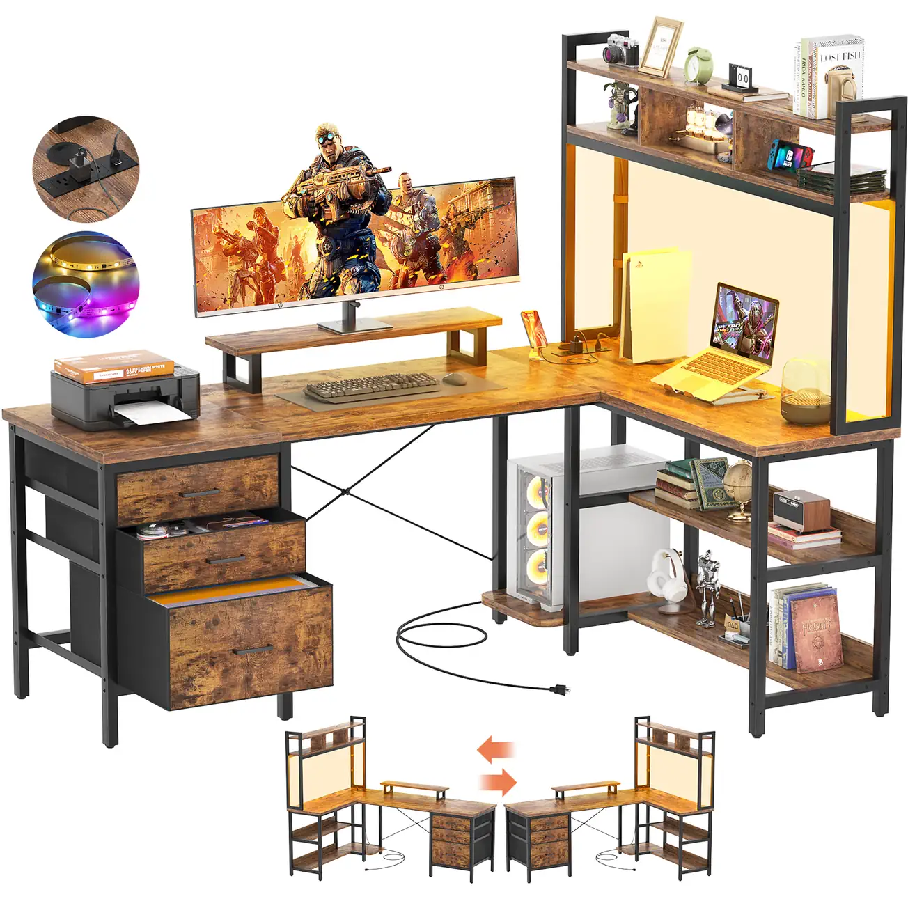 L-Shaped Gaming Desk with LED Lights & Hutch - Comfuri Rustic L-shaped gaming desk with hutch, LED lights, power outlets, and drawers by Comfuri