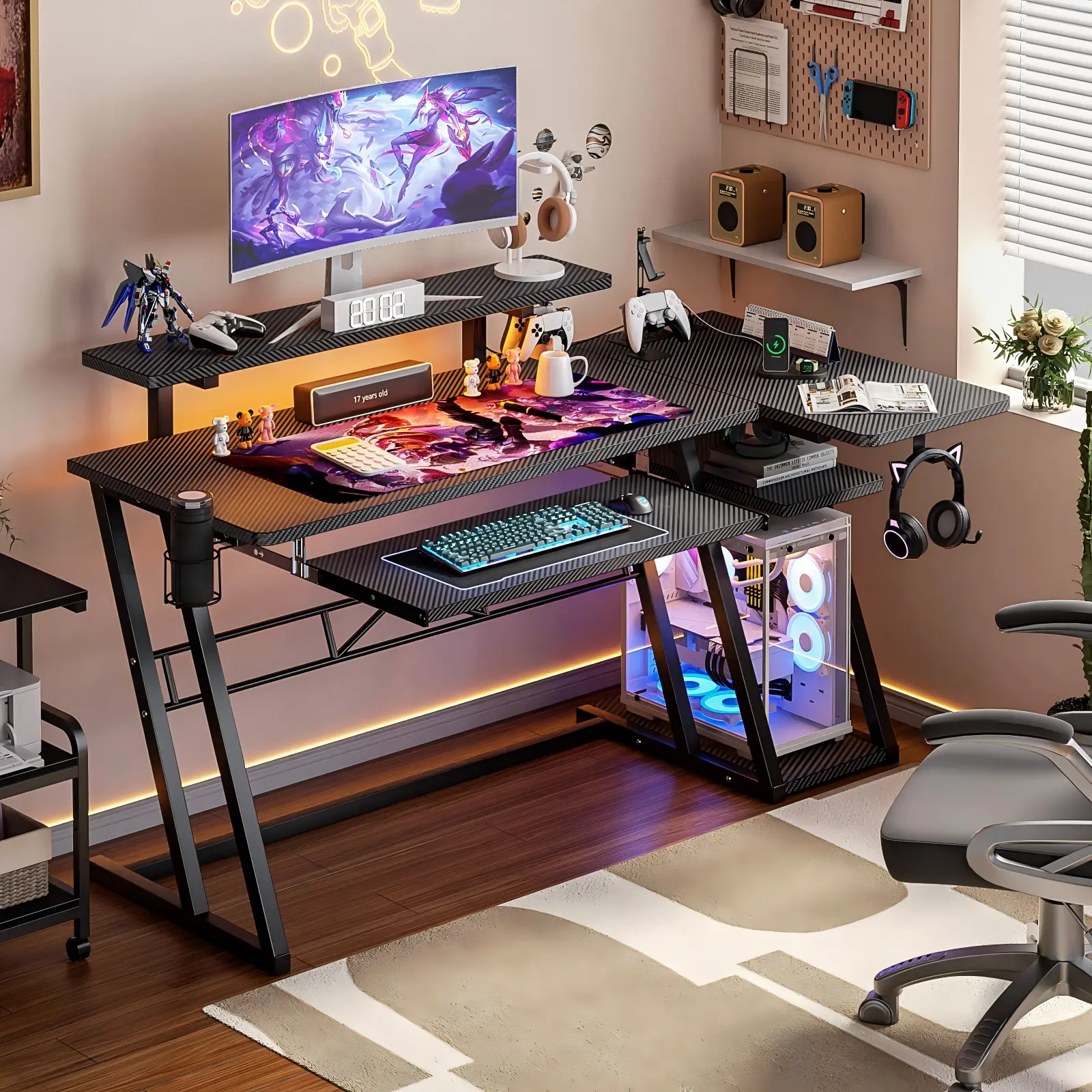 L-Shaped-Gaming-Desk-With-Monitor-Stand-Lifestyle Ergonomic L-shaped gaming desk with monitor stand setup in a modern bedroom lifestyle scene