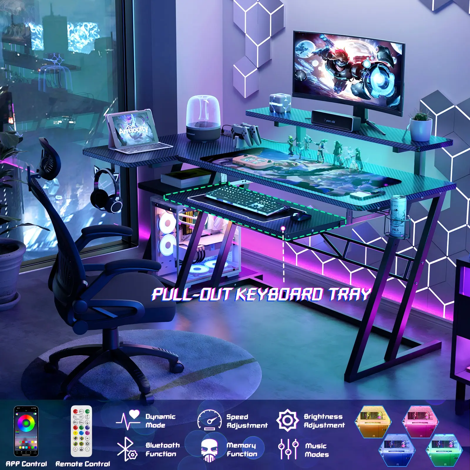 L-Shaped-Gaming-Desk-With-Pull-Out-Keyboard-Tray Reversible L-shaped gaming desk with sliding keyboard tray and smartphone app-controlled RGB LED lights