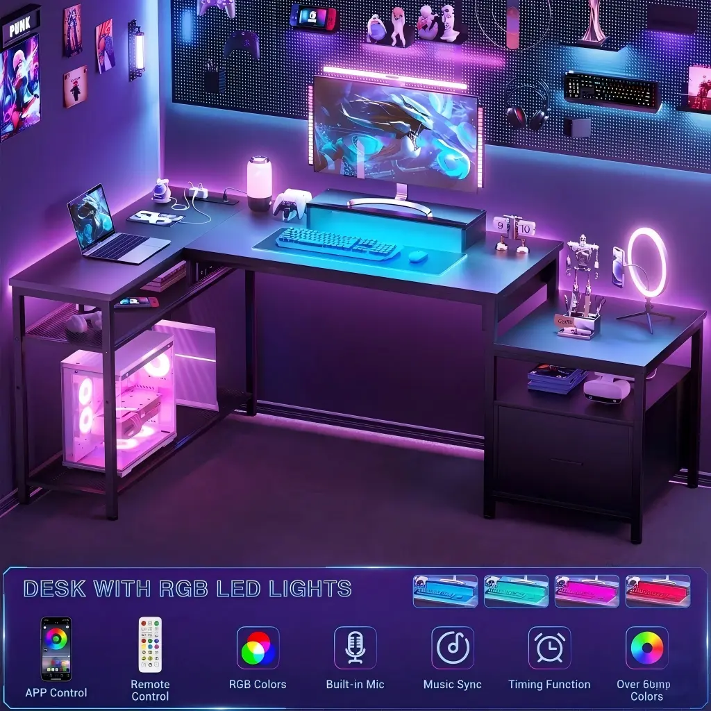 Comfuri L-Shaped Gaming Desk with Smart RGB LED Lights - Black Comfuri L-shaped gaming desk in black, featuring smart RGB LED lights with app and remote control, music sync mode, and under-desk PC storage