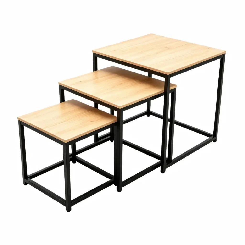 Wholesale modern industrial light oak nesting tables set of 3, natural wood grain square coffee tables with black metal frame on a white background.