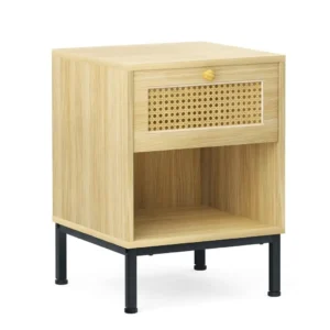 Mid-century modern rattan nightstand with storage drawer and sturdy metal frame base