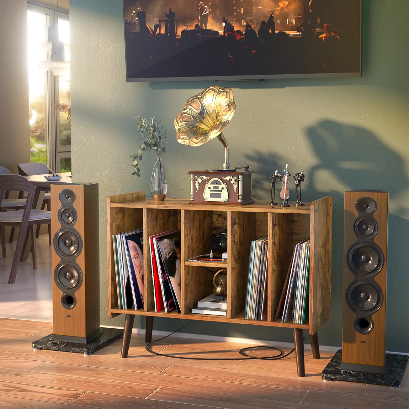 mid century modern record player stand living room scene Mid-century modern record player stand with 6 storage grids holding vinyl albums in a living room setup