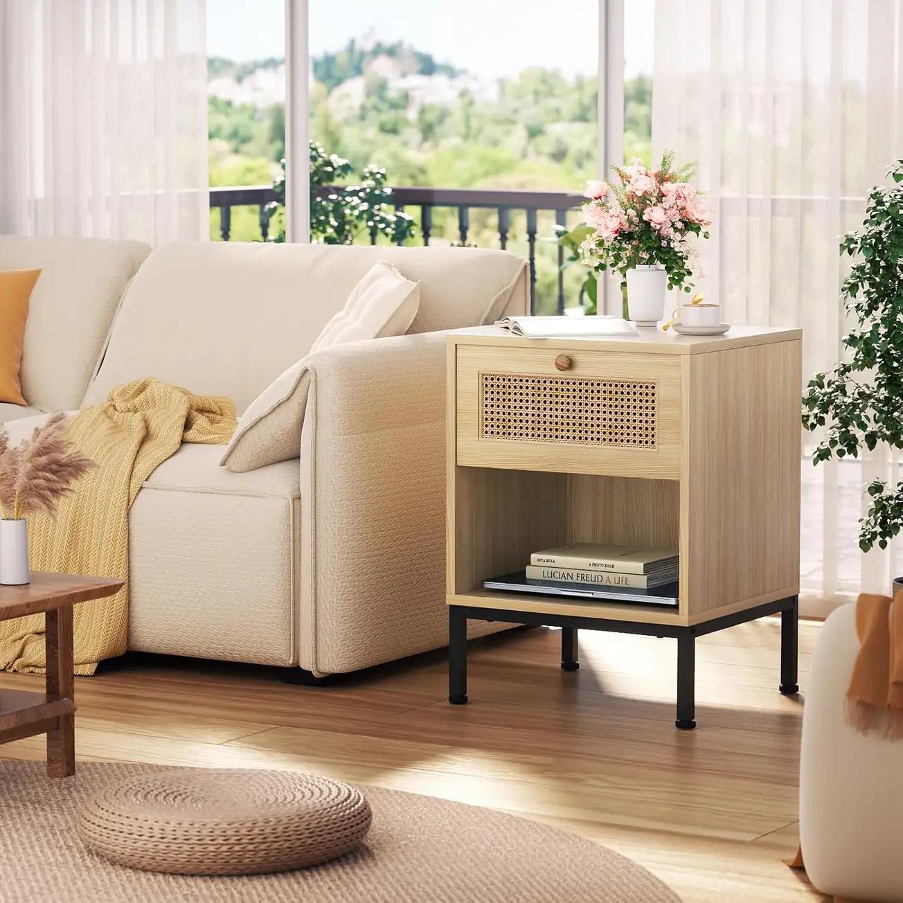 Rattan Nightstand - Living Room Lifestyle Scene Mid-century modern rattan end table setup as a living room sofa side table