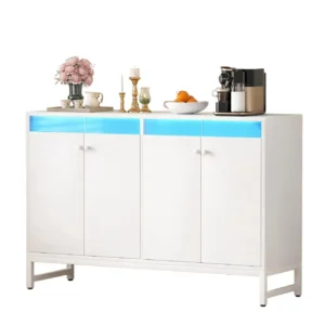 White 4-door sideboard buffet cabinet with built-in LED lighting