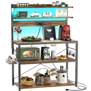 Modern 5-tier kitchen bakers rack and coffee bar station with integrated power outlets, LED lights, and heavy-duty storage shelves for commercial use