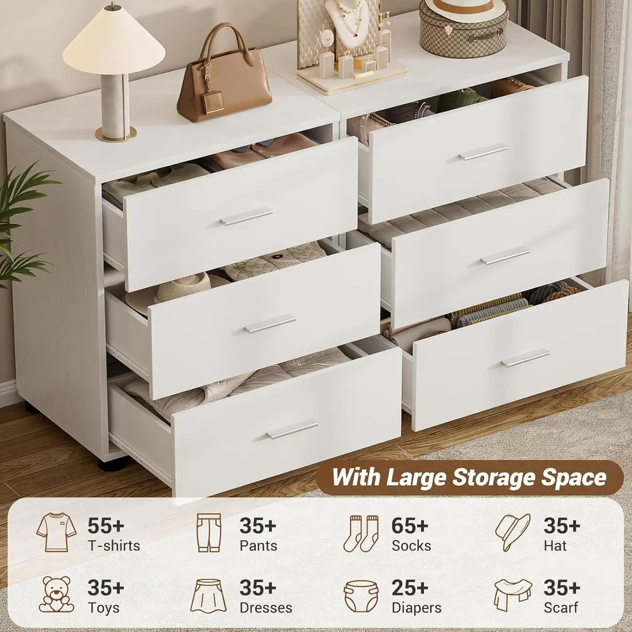White 6-Drawer Dresser Large Storage Capacity Diagram Wholesale white 6-drawer dresser large storage capacity chart, showing wood chest of drawers specifications for clothes organization in a bedroom.
