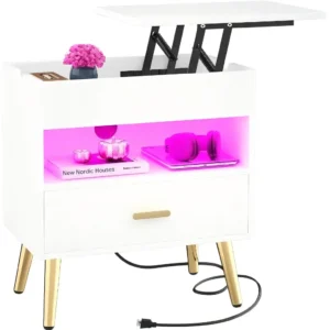 Smart lift top nightstand with integrated charging station and custom LED lighting strip