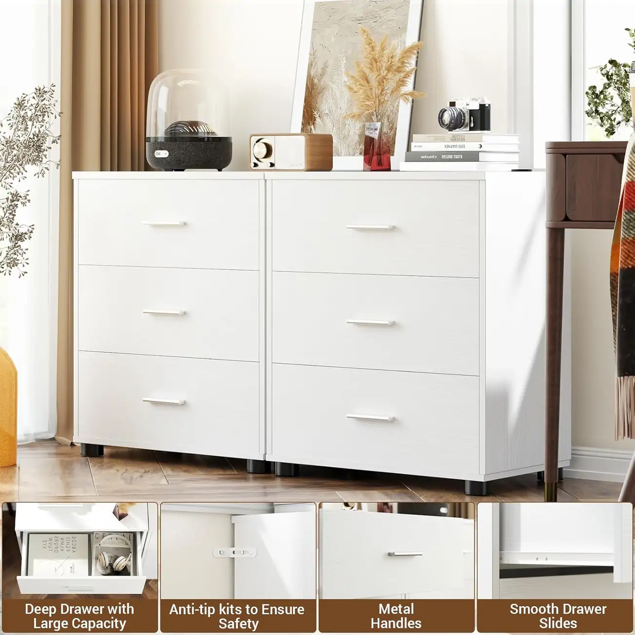 White 6-Drawer Dresser Hardware & Safety Features Wholesale white 6-drawer dresser product features including smooth drawer slides, anti-tip kits for safety, and modern metal handles in a bedroom scene.