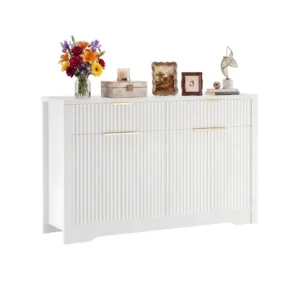 Wholesale modern white fluted sideboard buffet cabinet with gold handles, minimalist wave-pattern wood kitchen server and coffee bar station on a white background
