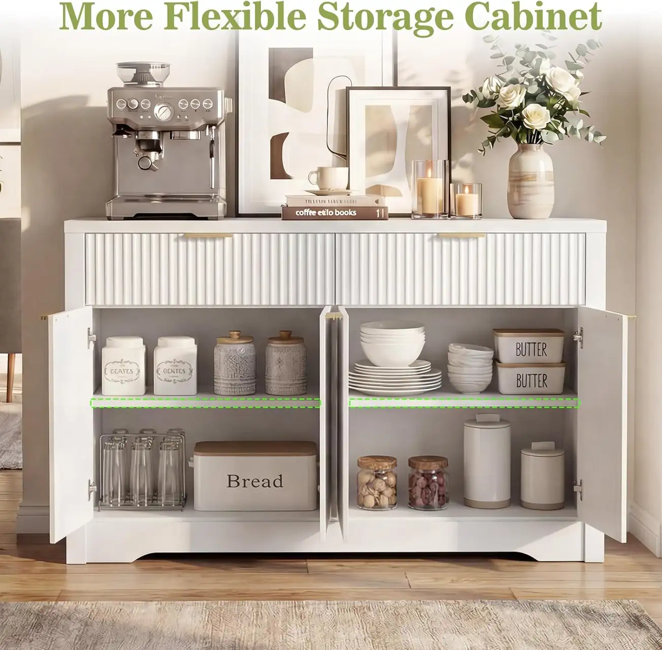 White Fluted Sideboard Cabinet Internal Storage Flexibility Wholesale white fluted sideboard buffet cabinet internal storage chart, showing modular kitchen server with adjustable shelves for dish and appliance organization
