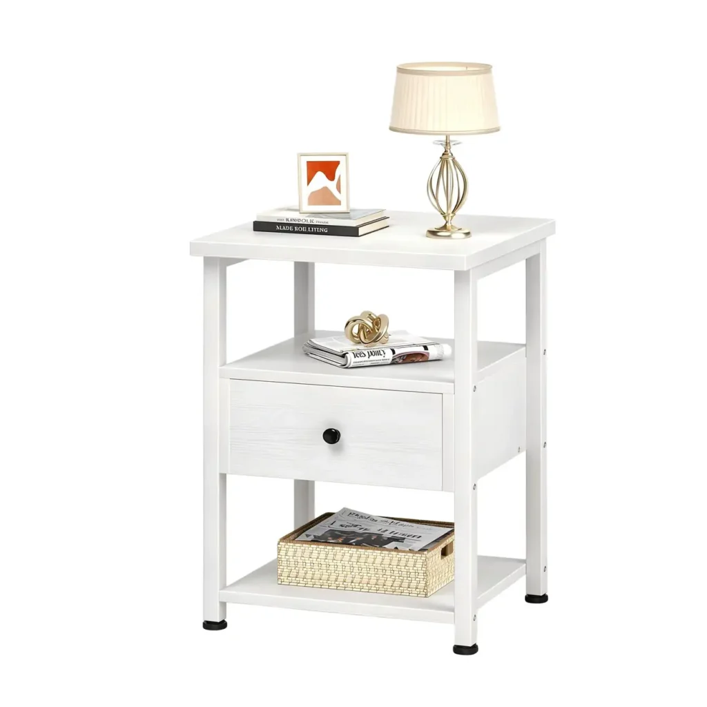 White industrial 3-tier nightstand with middle drawer and white metal frame